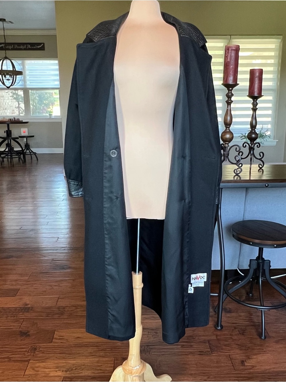 Vintage Havoc Black Wool Leather Trim Long Trench Coat USA Size 10 - Picture 8 of 15